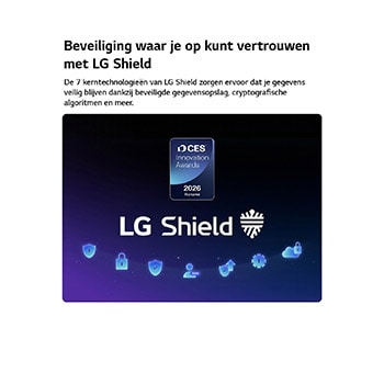 LG Shield, toegepast op LG Micro RGB evo AI MRGB96, wordt weergegeven met een LG Shield-logo in het midden, beveiligingsiconen eronder, en een 2026 CES Innovation Awards Honoree badge, die gegevens- en systeembescherming vertegenwoordigt.